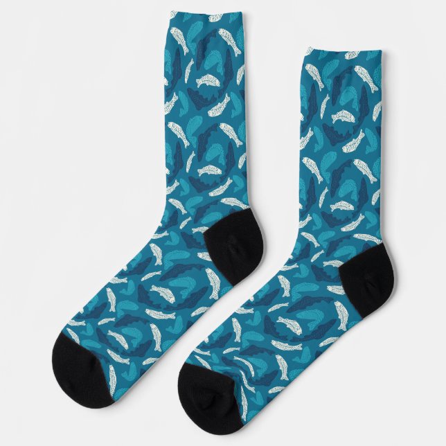 Blue and Ivory Trout, Fish Patterned Socks (Left)