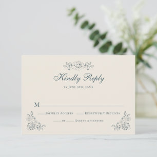 Blue and Ivory Vintage Floral RSVP Card