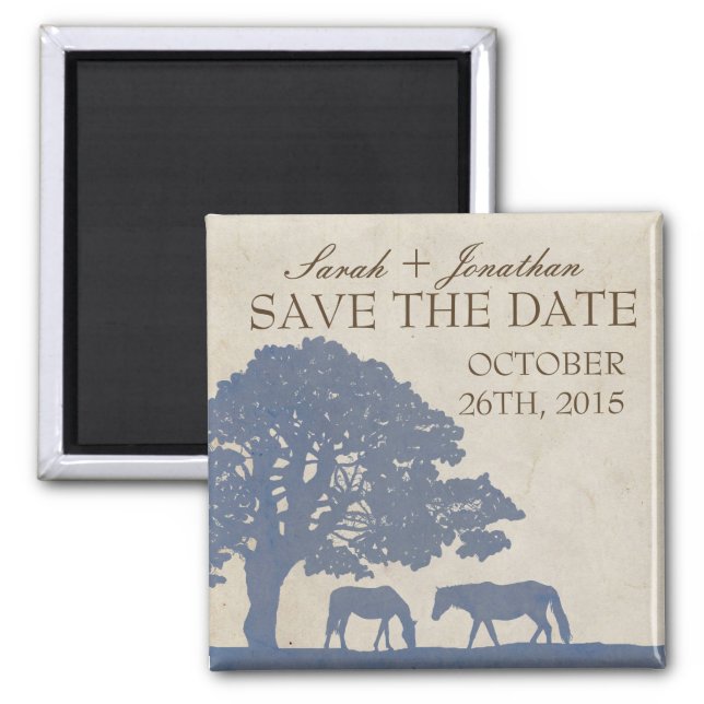 Blue and Ivory Vintage Horse Farm Save The Date Magnet (Front)