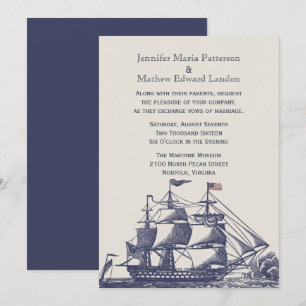 Blue and Ivory Vintage Ship Wedding Invitation