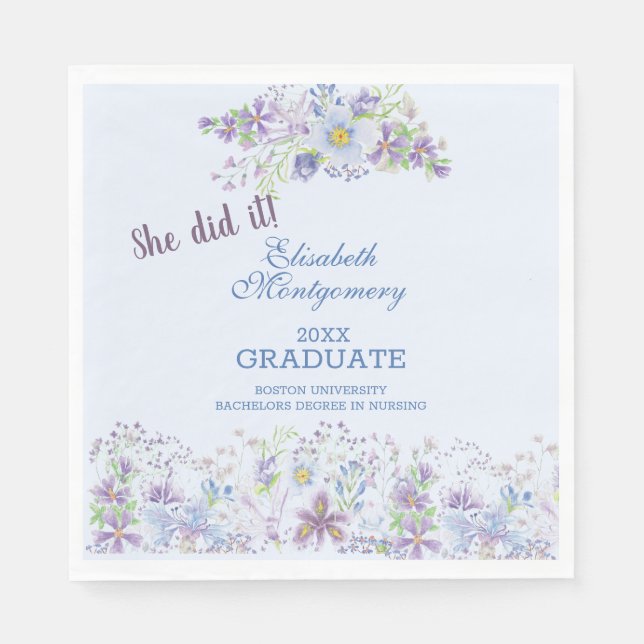 Blue and Lavender Floral Graduation Party   Napkin (Front)