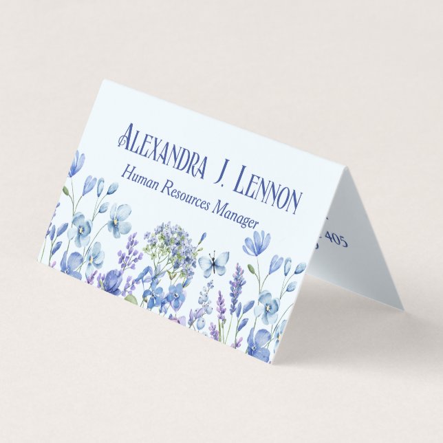 Blue and Lavender Wildflower Garden Folded Business Card (Front)