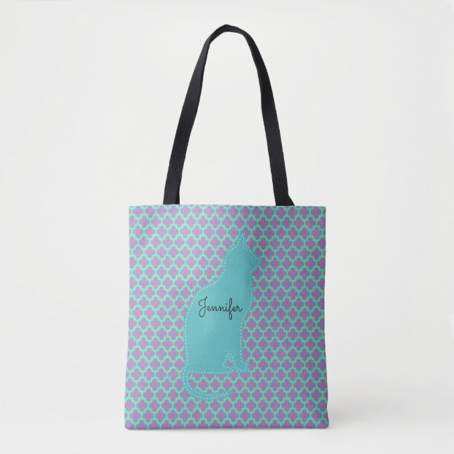 Blue and Lavender With Cat All Over Print Tote Bag (Front)