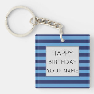Blue And Light Blue Striped Happy Birthday Key Ring