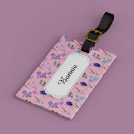 Blue and lilac field flowers on pink. luggage tag