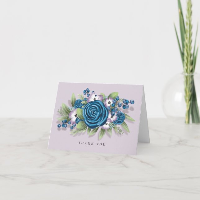 Blue and Lilac Flowers with Blueberries Wedding Thank You Card (Front)