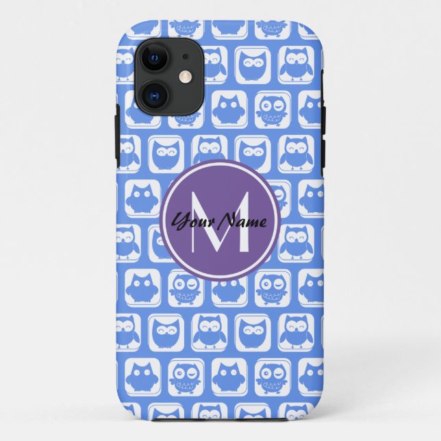 Blue and Lilac Owl Custom Monogram Personalised Case-Mate iPhone Case (Back)