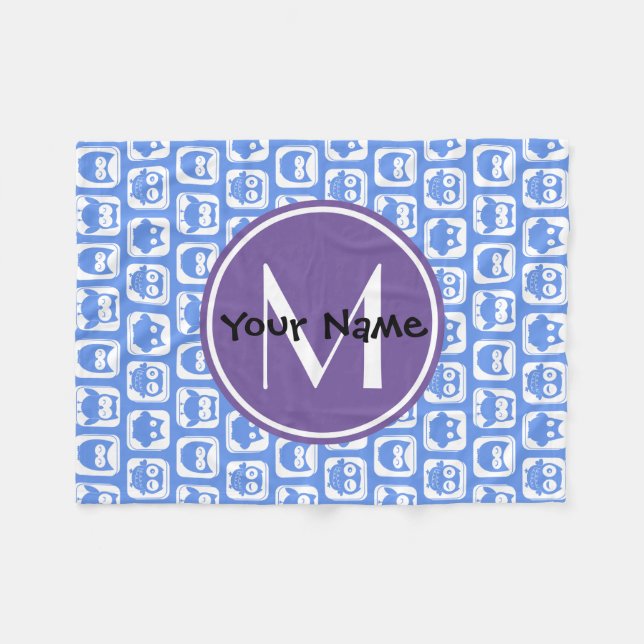 Blue and Lilac Owl Custom Monogram Personalised N1 Fleece Blanket (Front (Horizontal))
