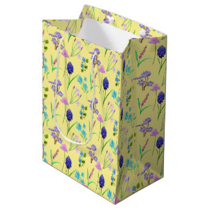 Blue and lilac watercolor flowers on yellow medium gift bag