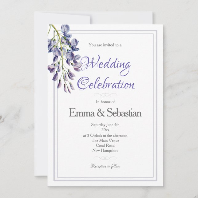 Blue and Lilac Wisteria Wedding Invitation (Front)
