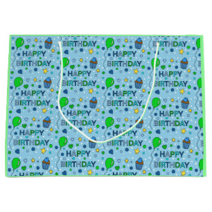 Blue and Lime Green Boy's Happy Birthday   Large Gift Bag