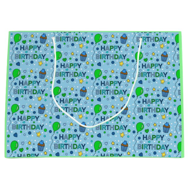 Blue and Lime Green Boy's Happy Birthday   Large Gift Bag (Front)