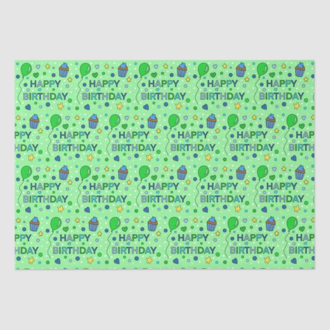 Blue and Lime Green Boy's Happy Birthday    Tissue Paper (Front)