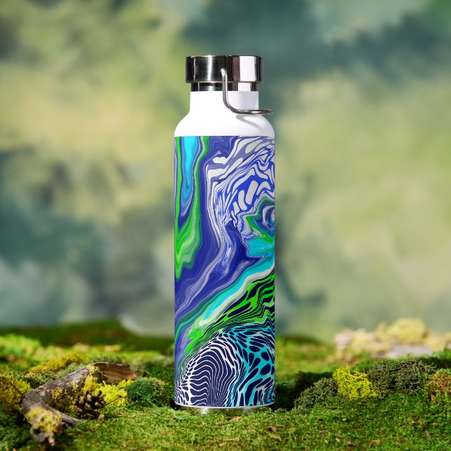 Blue and Lime Green Digital Pour Paint Marble Water Bottle (Outdoor)