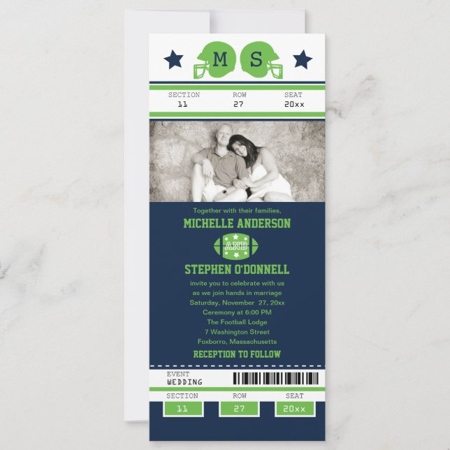 Blue and Lime Green Football Ticket Wedding Invitation (Front)