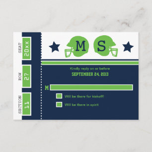 Blue and Lime Green Football Ticket Wedding RSVP Card