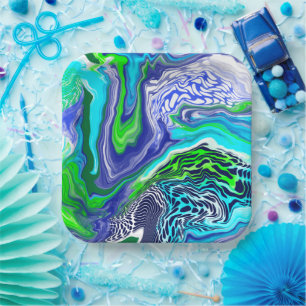 Blue and Lime Green Marble Swirls Birthday Paper P Plate