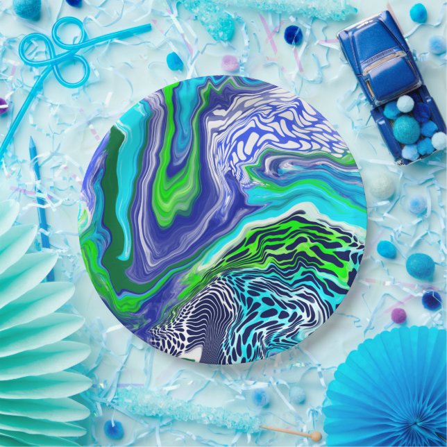 Blue and Lime Green Marble Swirls Birthday Paper Plate (Party)