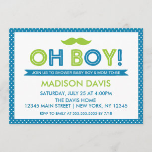 Blue and Lime Green Polka Dot Oh Boy Baby Shower Invitation
