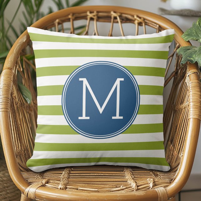 Blue and Lime Striped Pattern Green Monogram Cushion (Custom Monogram Pillow)