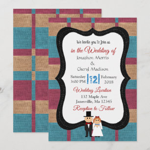 Blue and Maroon Burlap Wedding Invitation