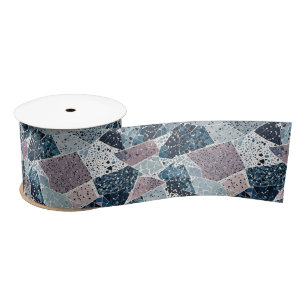 Blue and Mauve Abstract Terrazzo Design Satin Ribbon