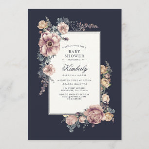 Blue and Mauve Elegant Vintage Floral Baby Shower Invitation