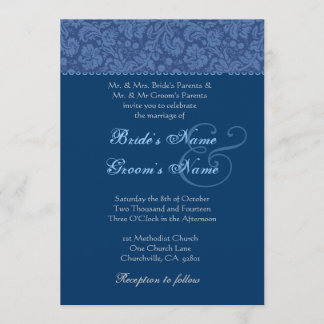 Blue and Midnight Swirl Damask Wedding Invitation