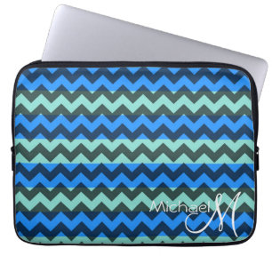 Blue and Mint Chevron Zigzag Custom Monogram Laptop Sleeve