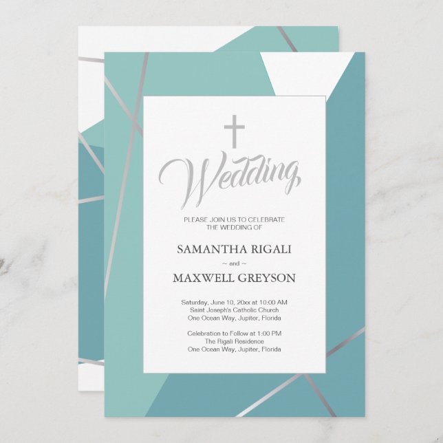 Blue and Mint Green Christian Wedding Invitation (Front/Back)