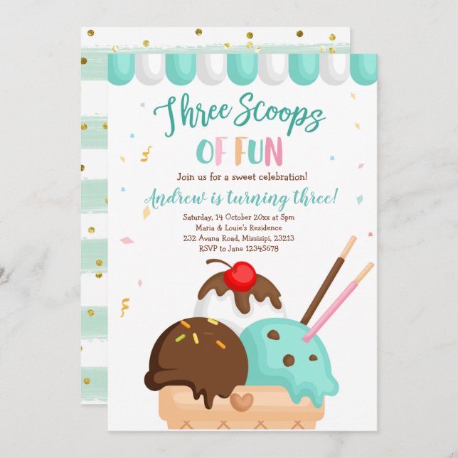 Blue and Mint Ice cream Three Scoops of Fun Invitation (Front/Back)