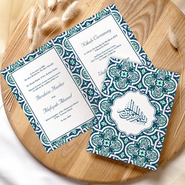 Blue and Mint Islamic Arabesque Muslim Wedding Invitation (Creator Uploaded)