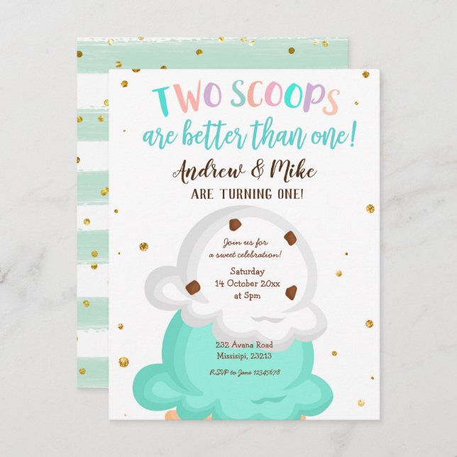 Blue and Mint Twin Ice cream Invitation (Front/Back)