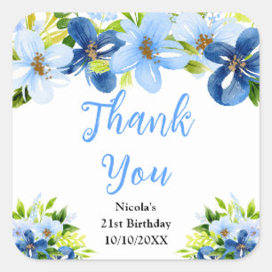 Blue and Navy Flowers Birthday Thank You Square Sticker