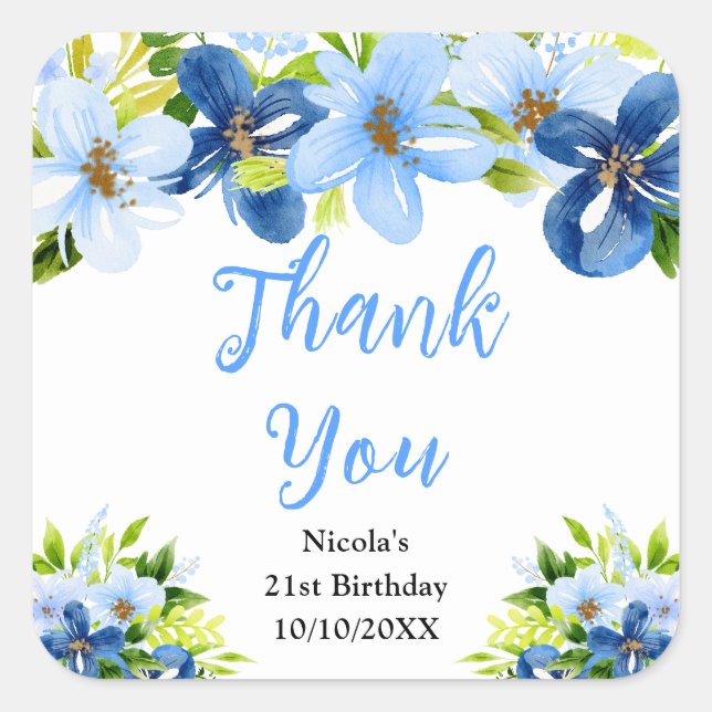 Blue and Navy Flowers Birthday Thank You Square Sticker (Front)