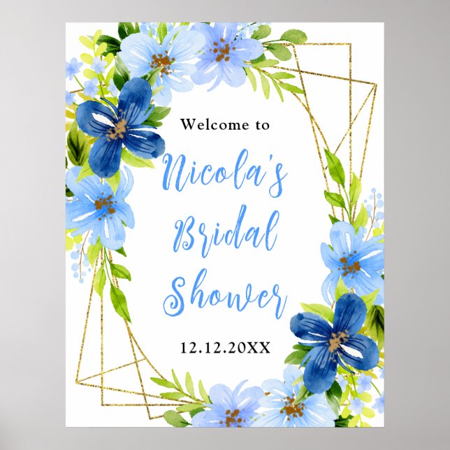 Blue and Navy Flowers Bridal Shower Welcome Poster (Front)