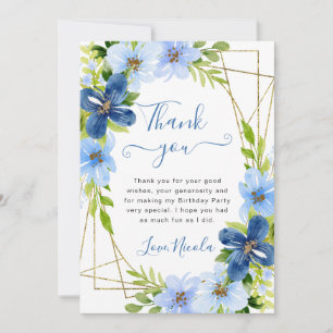 Blue and Navy Flowers Gold Frame Birthday Thank You Card