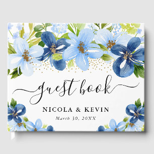 Blue and Navy Flowers Gold Frame Wedding Guest Book