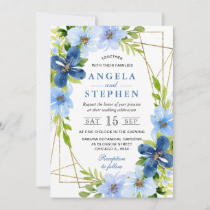 Blue and Navy Flowers Gold Frame Wedding Invitation