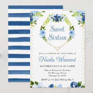 Blue and Navy Flowers Heart Wreath Sweet 16 Invitation