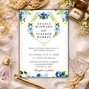 Blue and Navy Flowers Heart Wreath Wedding Invitation