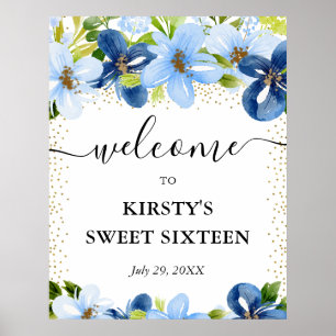 Blue and Navy Flowers Sweet 16 Welcome Poster