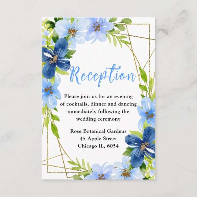 Blue and Navy Flowers Wedding Reception Enclosure Card (Front)