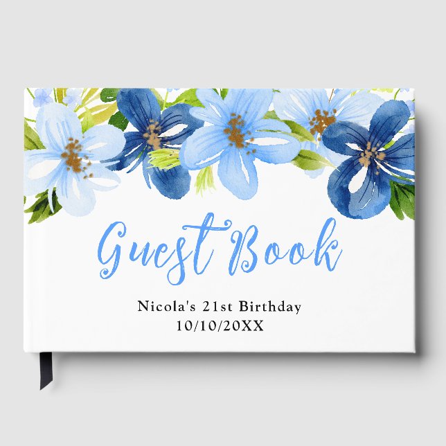 Blue and Navy Flowers with Foliage Birthday Guest Book (Front)