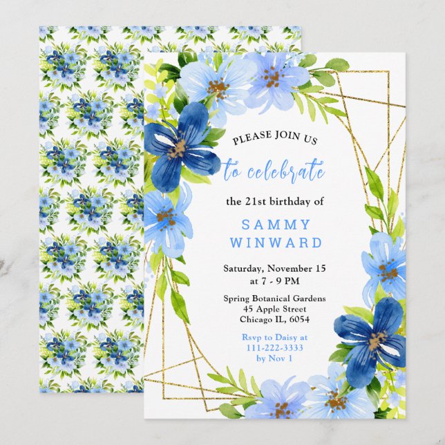 Blue and Navy Flowers with Foliage Birthday Invitation (Front/Back)