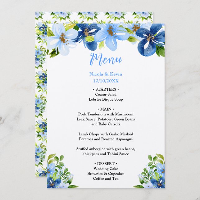 Blue and Navy Flowers with Foliage  Menu (Front/Back)
