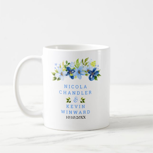Blue and Navy Flowers with Foliage Wedding Coffee Mug (Left)