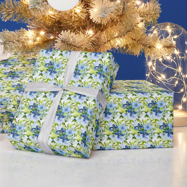 Blue and Navy Flowers with Foliage  Wrapping Paper (Holidays)