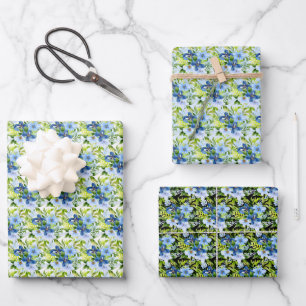 Blue and Navy Flowers with Foliage  Wrapping Paper Sheet