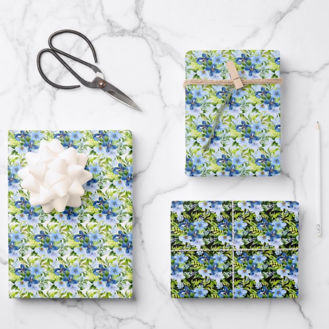 Blue and Navy Flowers with Foliage  Wrapping Paper Sheet (Front)